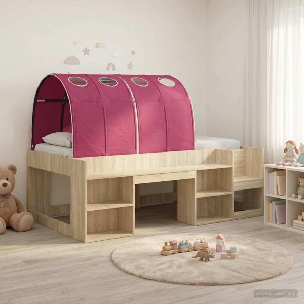 ARDEBO.de - Bett mit Tunnel 3 stk. Sonoma Eiche und Rot Holzwerkstoff