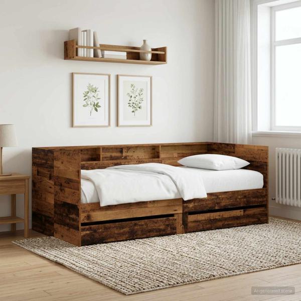ARDEBO.de - Tagesbett mit Schubladen mit Regal Altholz Holzwerkstoff