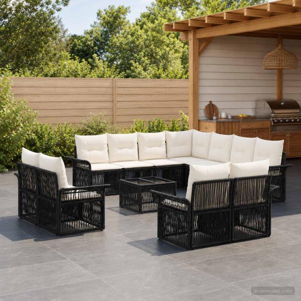 ARDEBO.de - Gartensofa-set 12 stk. Schwarz und Cremeweiß Poly-Rattan