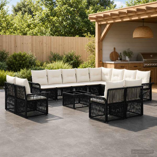ARDEBO.de - Gartensofa-set 13 stk. Schwarz und Cremeweiß Poly-Rattan