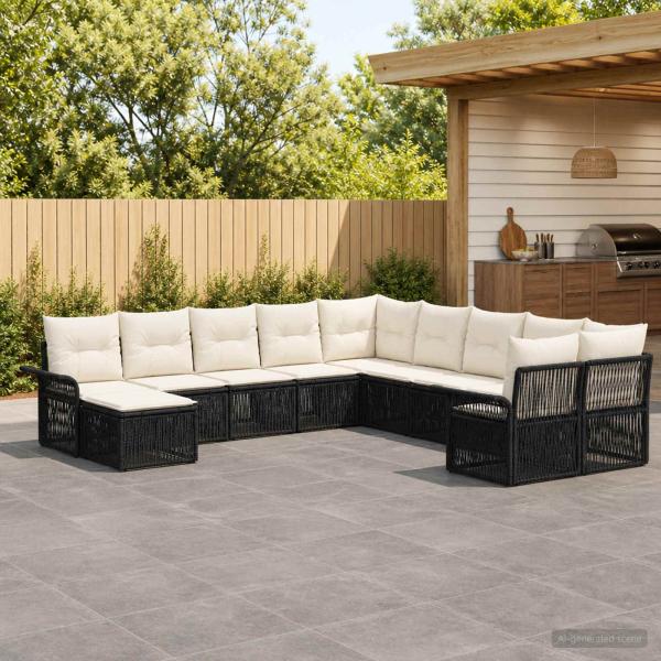 ARDEBO.de - Gartensofa-set 11 Stk. Schwarz und Cremeweiß Poly-Rattan