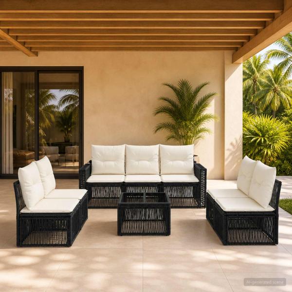 ARDEBO.de - Gartensofa-set 8 stk. Schwarz und Cremeweiß Poly-Rattan