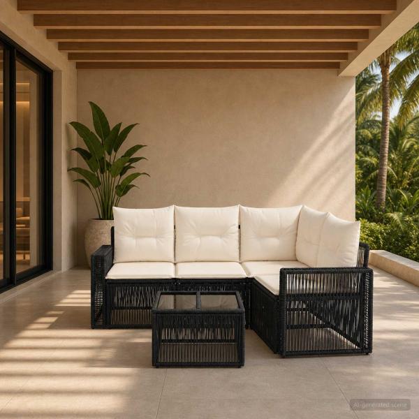ARDEBO.de - Gartensofa-set 5 stk. Schwarz und Cremeweiß Poly-Rattan