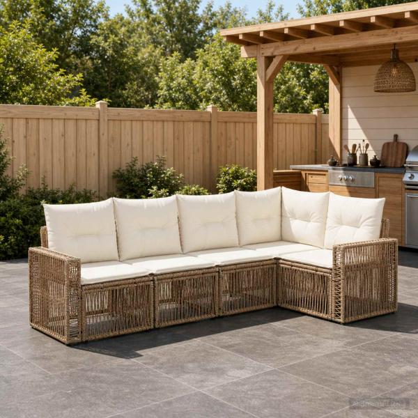 ARDEBO.de - Gartensofa-set 5 stk. Beige und Cremeweiß Poly-Rattan