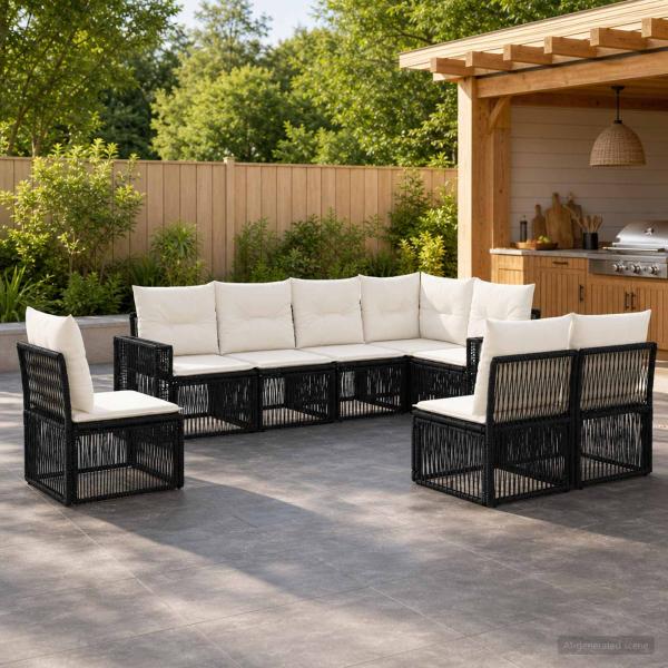 ARDEBO.de - Gartensofa-set 8 stk. Schwarz und Cremeweiß Poly-Rattan