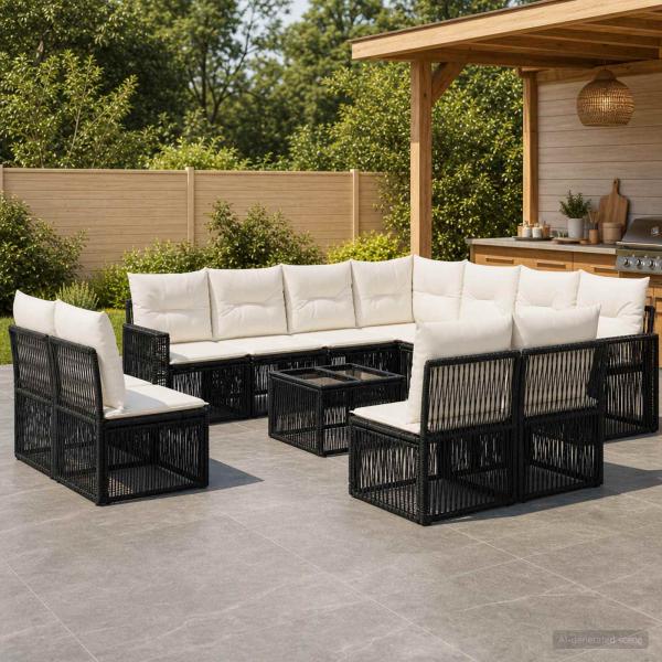 ARDEBO.de - Gartensofa-set 12 stk. Schwarz und Cremeweiß Poly-Rattan
