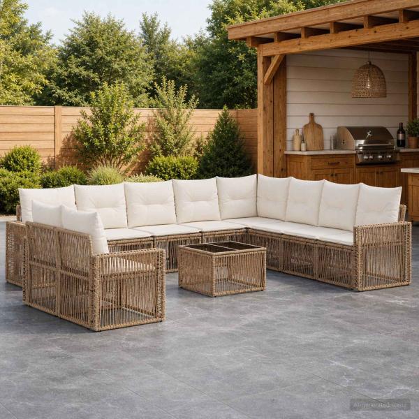 ARDEBO.de - Gartensofa-set 11 Stk. Beige und Cremeweiß Poly-Rattan