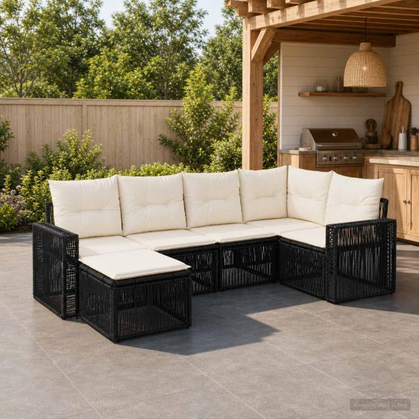 ARDEBO.de - Gartensofa-set 6 Stk. Schwarz und Cremeweiß Poly-Rattan