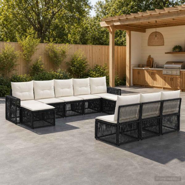 ARDEBO.de - Gartensofa-set 10 stk. Schwarz und Cremeweiß Poly-Rattan