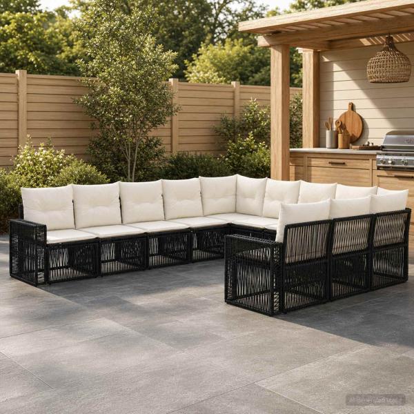 ARDEBO.de - Gartensofa-set 11 stk. Schwarz und Cremeweiß Poly-Rattan