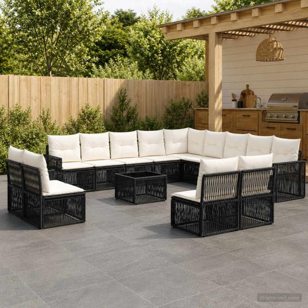 ARDEBO.de - Gartensofa-set 14 stk. Schwarz und Cremeweiß Poly-Rattan