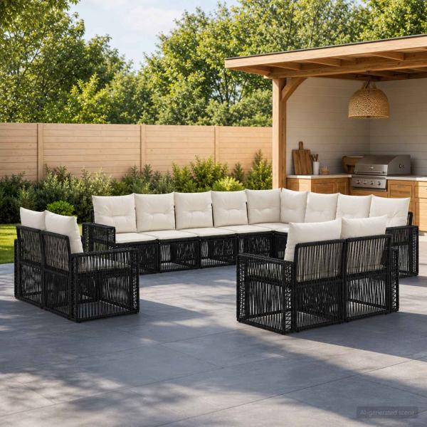 ARDEBO.de - Gartensofa-set 12 Stk. Schwarz und Cremeweiß Poly-Rattan