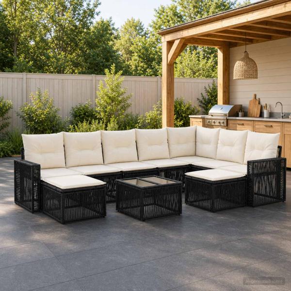 ARDEBO.de - Gartensofa-set 10 stk. Schwarz und Cremeweiß Poly-Rattan