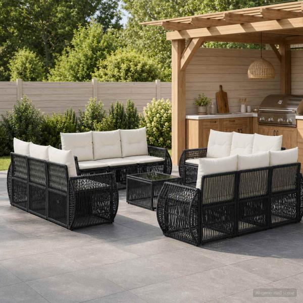 ARDEBO.de - Gartensofa-set 13 stk. Schwarz und Cremeweiß Poly-Rattan
