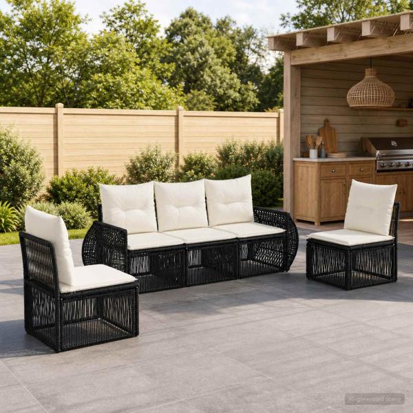 ARDEBO.de - Gartensofa-set 5 Stk. Schwarz und Cremeweiß Poly-Rattan