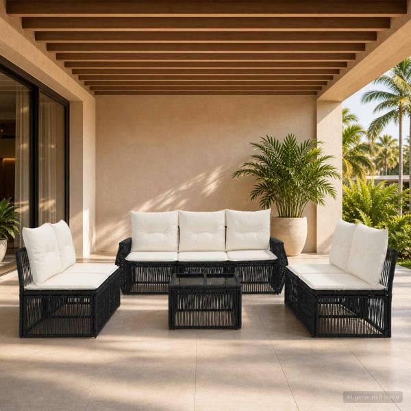 ARDEBO.de - Gartensofa-set 8 stk. Schwarz und Cremeweiß Poly-Rattan