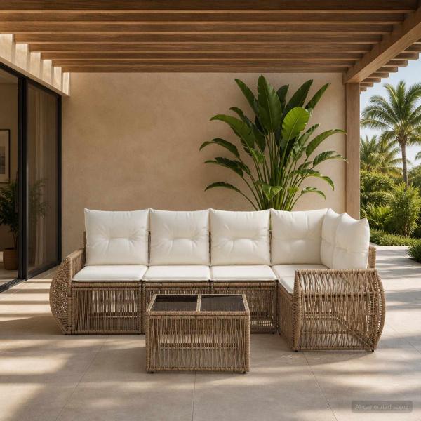 Gartensofa-set 5 Stk. Beige und Cremeweiß Poly-Rattan