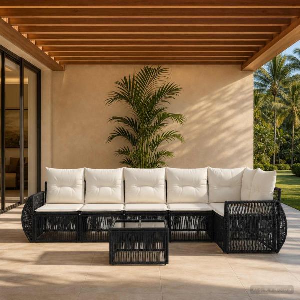 ARDEBO.de - Gartensofa-set 7 stk. Schwarz und Cremeweiß Poly-Rattan
