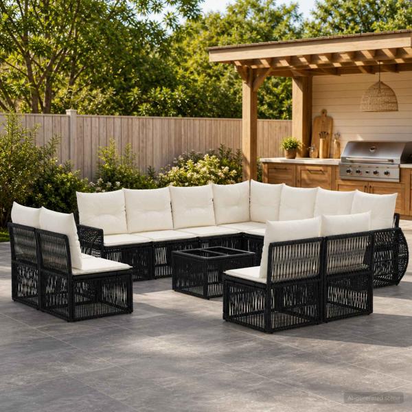 ARDEBO.de - Gartensofa-set 12 Stk. Schwarz und Cremeweiß Poly-Rattan
