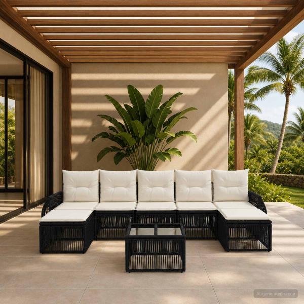ARDEBO.de - Gartensofa-set 8 stk. Schwarz und Cremeweiß Poly-Rattan