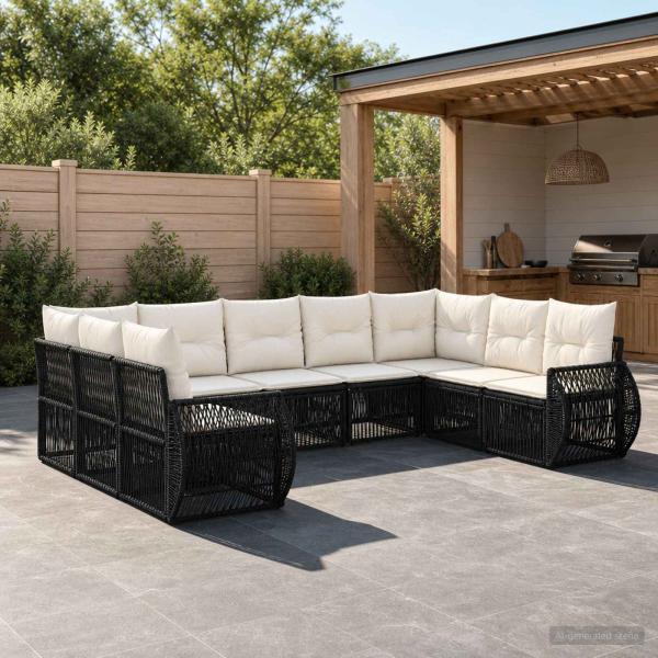 ARDEBO.de - Gartensofa-set 9 stk. Schwarz und Cremeweiß Poly-Rattan