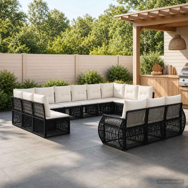ARDEBO.de - Gartensofa-set 13 Stk. Schwarz und Cremeweiß Poly-Rattan