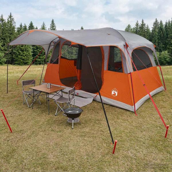 ARDEBO.de - Tunnelzelt 10 Personen Grau und Orange Polyester und Stahl