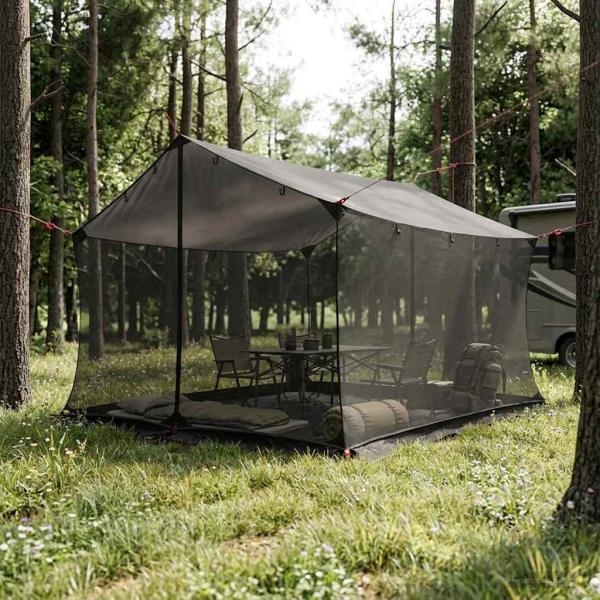 ARDEBO.de - Camping-Tarp mit Netzwänden Braun Grau 340 x 260 x 220 cm