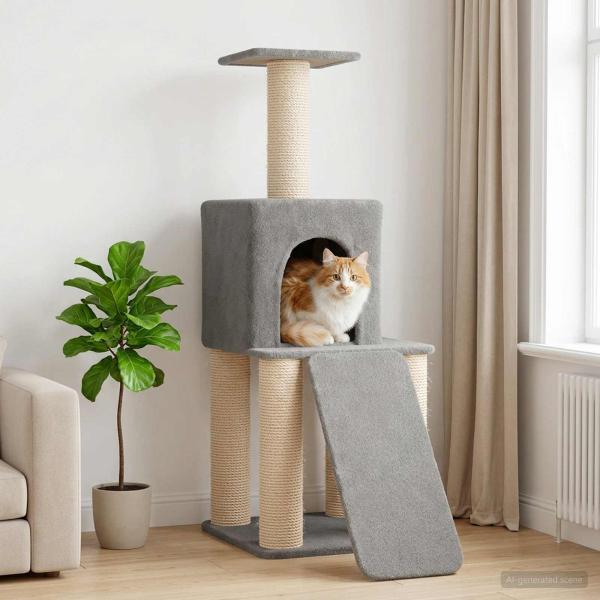 ARDEBO.de - Katzennbaum mit Sisal-Kratzsäulen Hellgrau 146 cm
