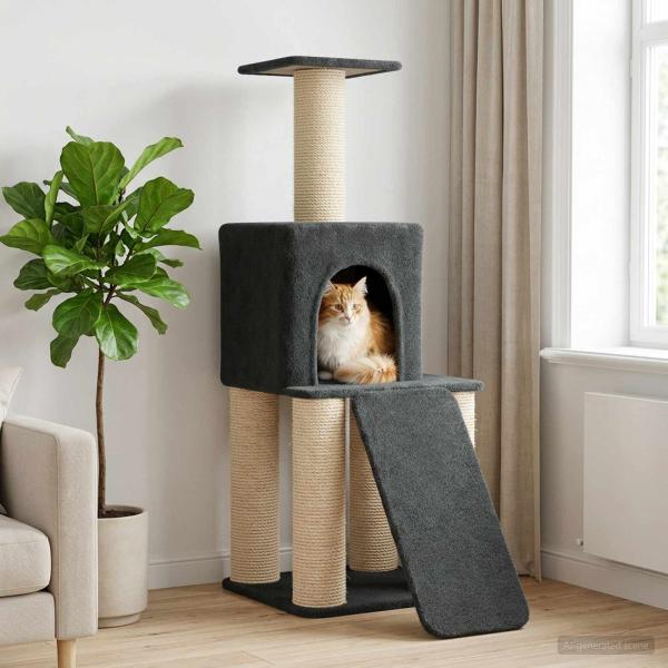 ARDEBO.de - Katzennbaum mit Sisal-Kratzsäulen Dunkelgrau 146 cm