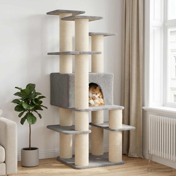 ARDEBO.de - Katzennbaum mit Sisal-Kratzsäulen Hellgrau 161 cm