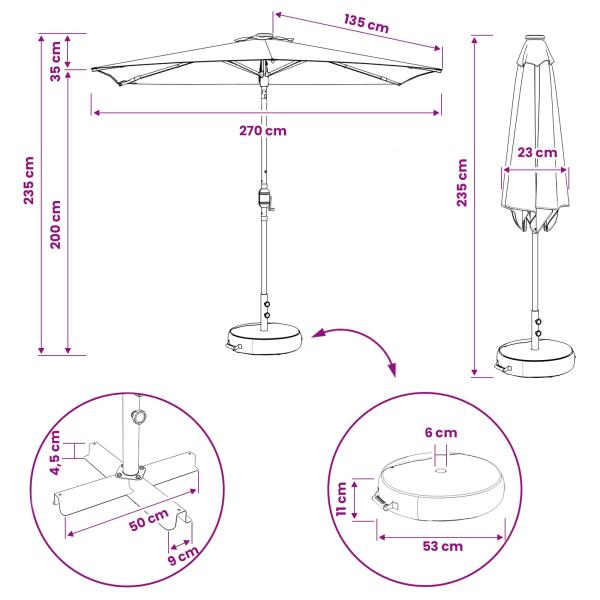 Gartenparasol mit LED-Lichtern und Sockel 270 x 270 cm