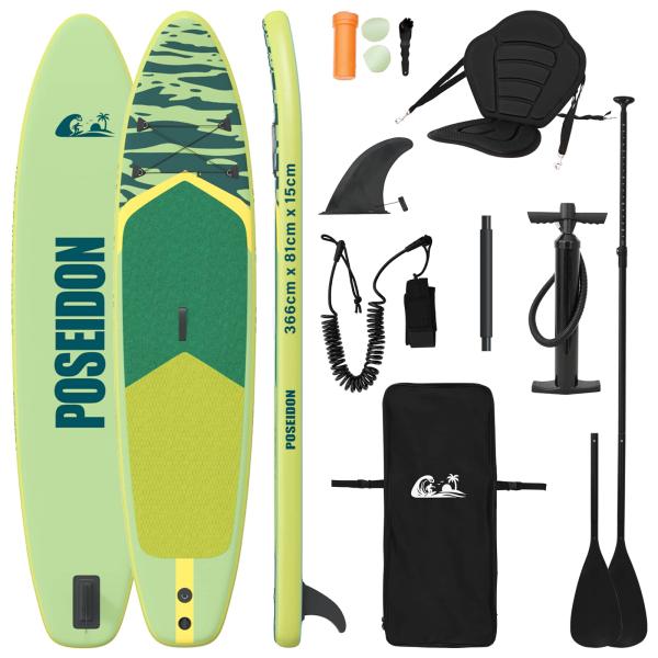 SUP Board mit Sitz 2-in-1 POSEIDON 366 x 81 x 15 cm Grün für