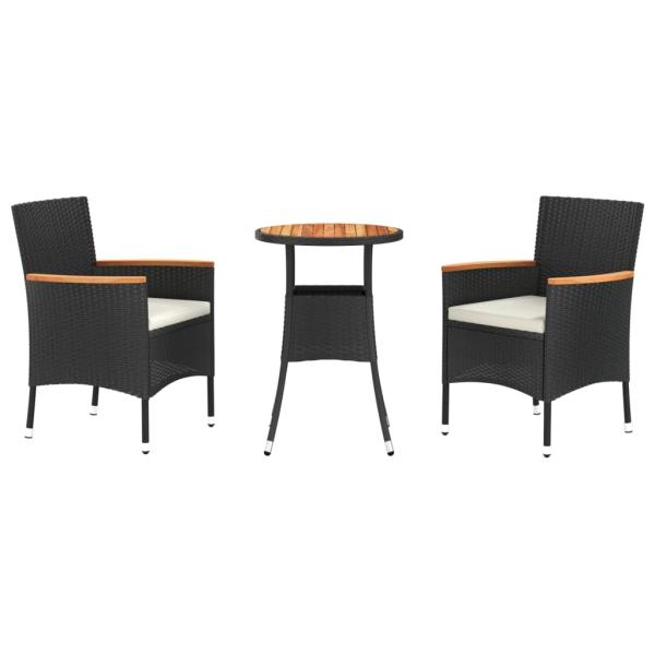 3-tlg. Garten-Bistro-Set mit Kissen Schwarz Poly Rattan