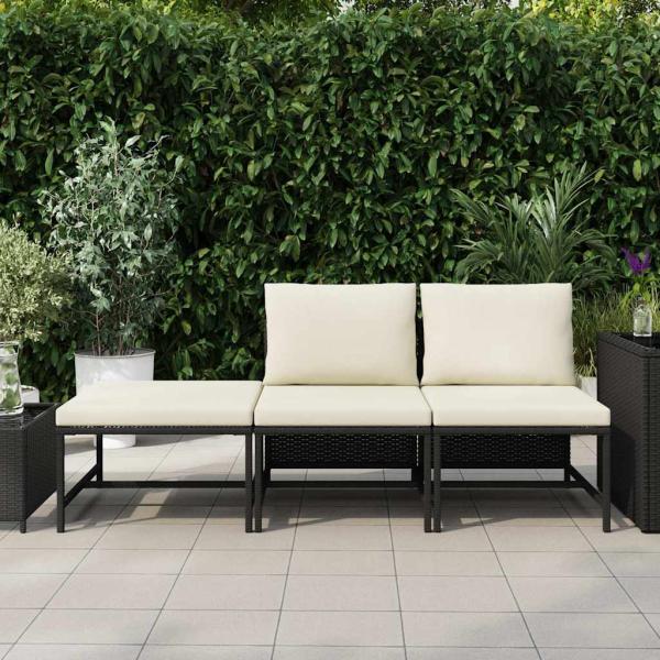 3-tlg. Garten-Sofagarnitur mit Auflagen Schwarz Poly Rattan