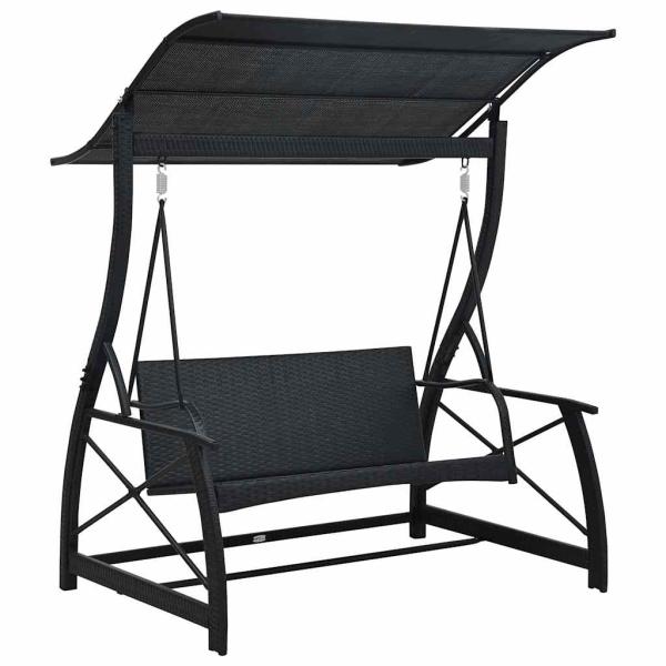 Hollywoodschaukel 3-Sitzer mit Dach Poly Rattan Schwarz