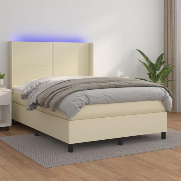 ARDEBO.de - Boxspringbett mit Matratze & LED Creme 140x190 cm Kunstleder