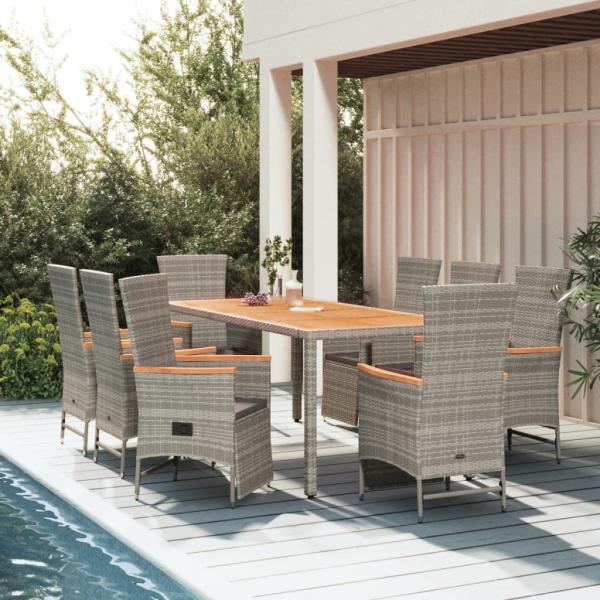 ARDEBO.de - 9-tlg. Garten-Essgruppe mit Kissen Grau Poly Rattan