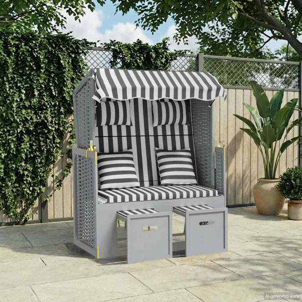ARDEBO.de - Strandkorb mit Kissen Poly Rattan und Massivholz Grau & Weiß
