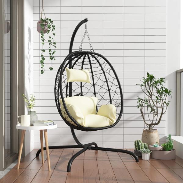 ARDEBO.de - Hängesessel mit Kissen Cremeweiß Poly Rattan & Stahl
