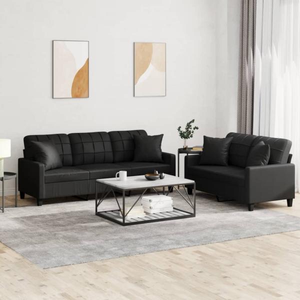 ARDEBO.de - 2-tlg. Sofagarnitur mit Kissen Schwarz Kunstleder