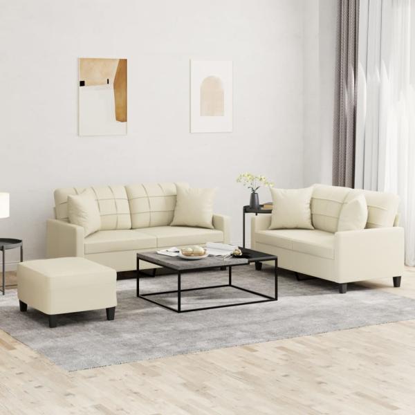 ARDEBO.de - 3-tlg. Sofagarnitur mit Kissen Creme Kunstleder