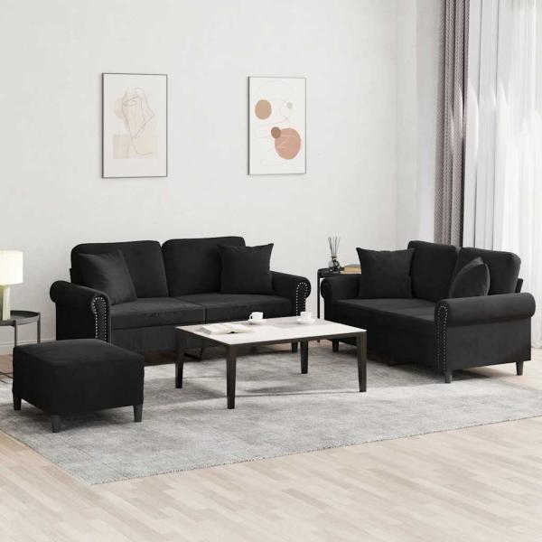 ARDEBO.de - 3-tlg. Sofagarnitur mit Kissen Schwarz Samt
