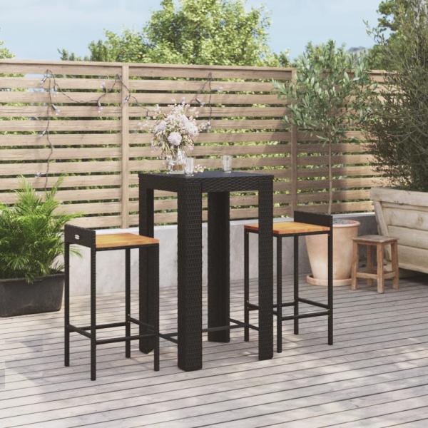 ARDEBO.de - 3-tlg. Gartenbar-Set Schwarz Poly Rattan & Massivholz Akazie