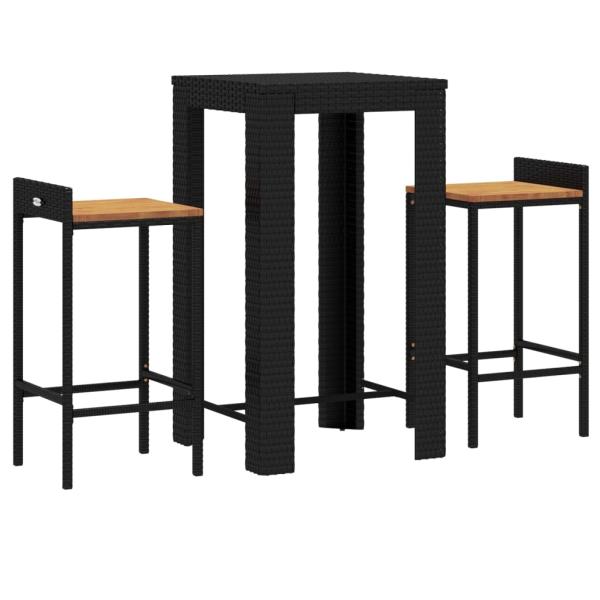3-tlg. Gartenbar-Set Schwarz Poly Rattan & Massivholz Akazie