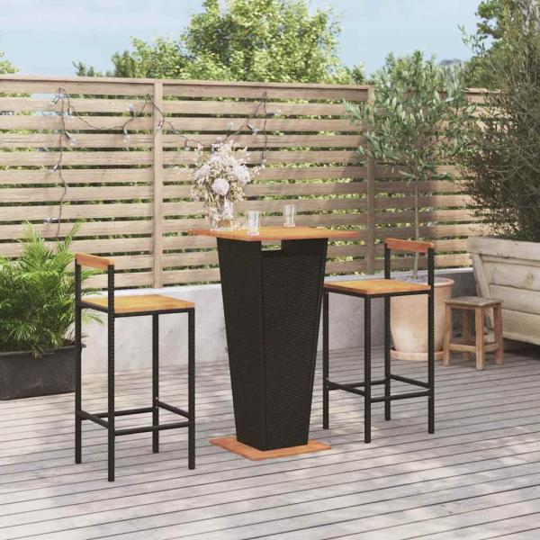 ARDEBO.de - 3-tlg. Gartenbar-Set Schwarz Poly Rattan & Massivholz Akazie