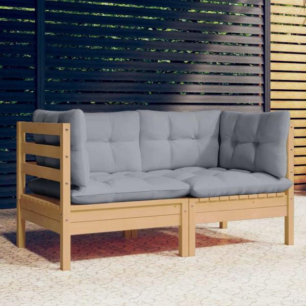 ARDEBO.de - 2-Sitzer-Gartensofa mit Grauen Kissen Massivholz Kiefer