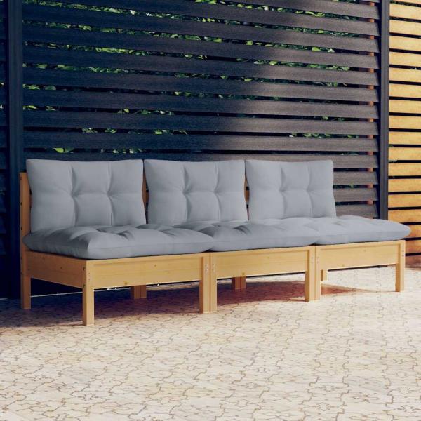 ARDEBO.de - 3-Sitzer-Gartensofa mit Grauen Kissen Massivholz Kiefer