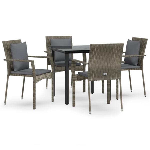 5-tlg. Garten-Essgruppe mit Kissen Schwarz und Grau Poly Rattan