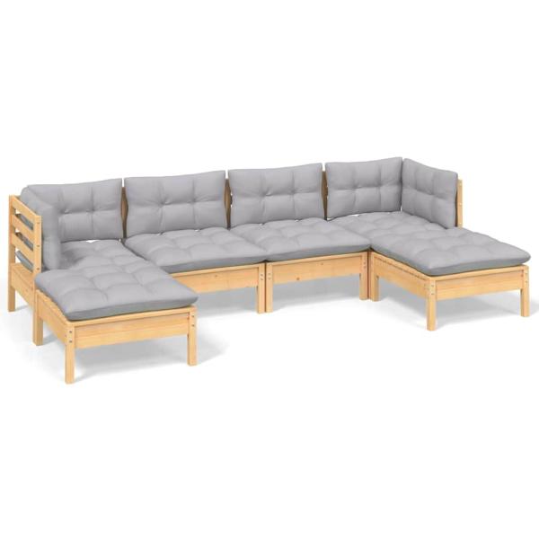6-tlg. Garten-Lounge-Set mit Grauen Kissen Kiefernholz